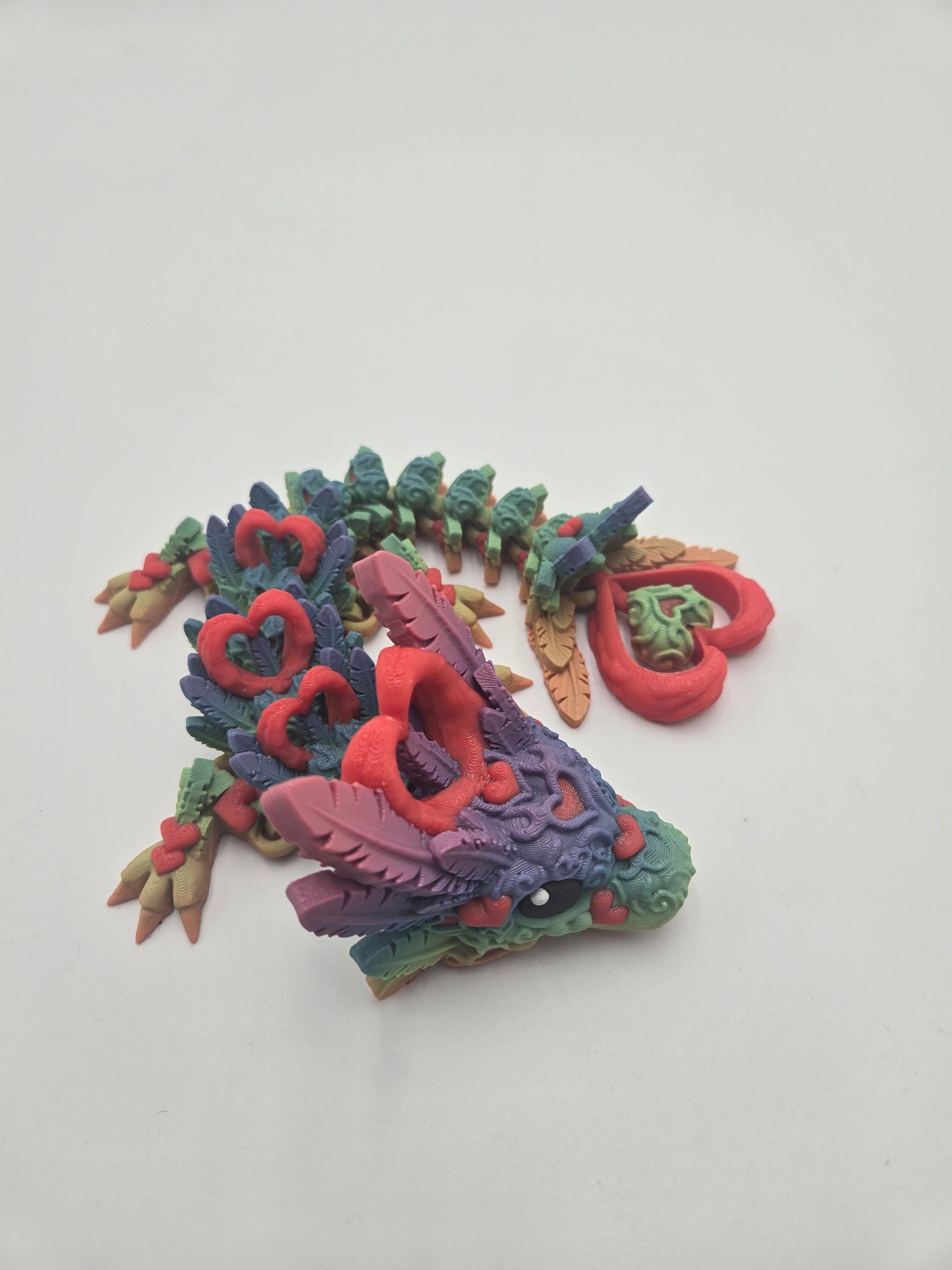 Rainbow Heart Dragon Gift, Articulating Fidget Toy, over 12" long