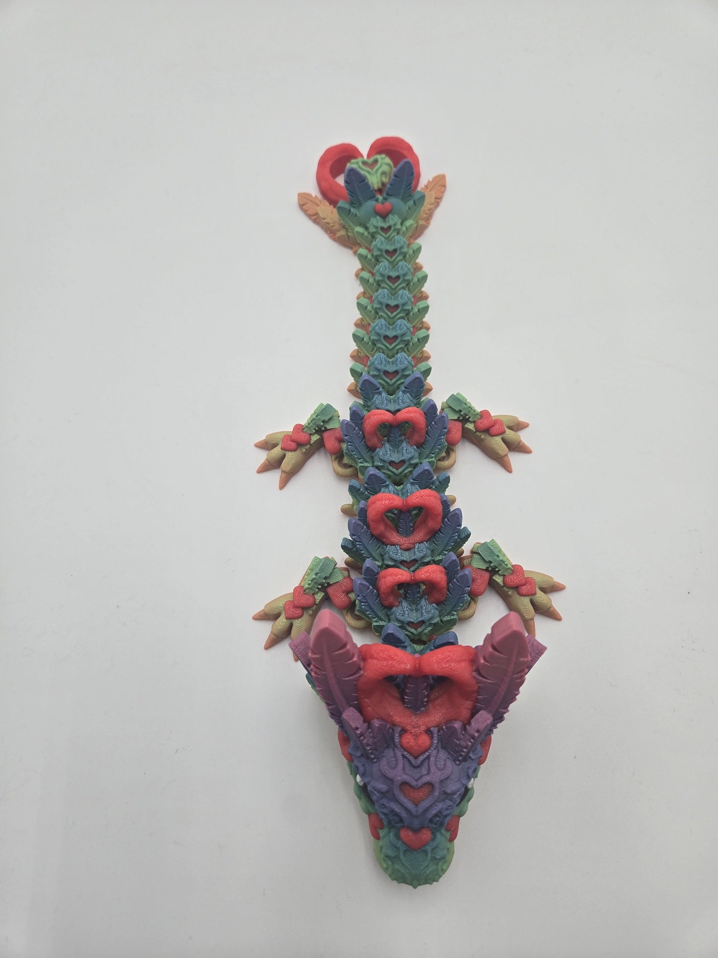 Rainbow Heart Dragon Gift, Articulating Fidget Toy, over 12" long