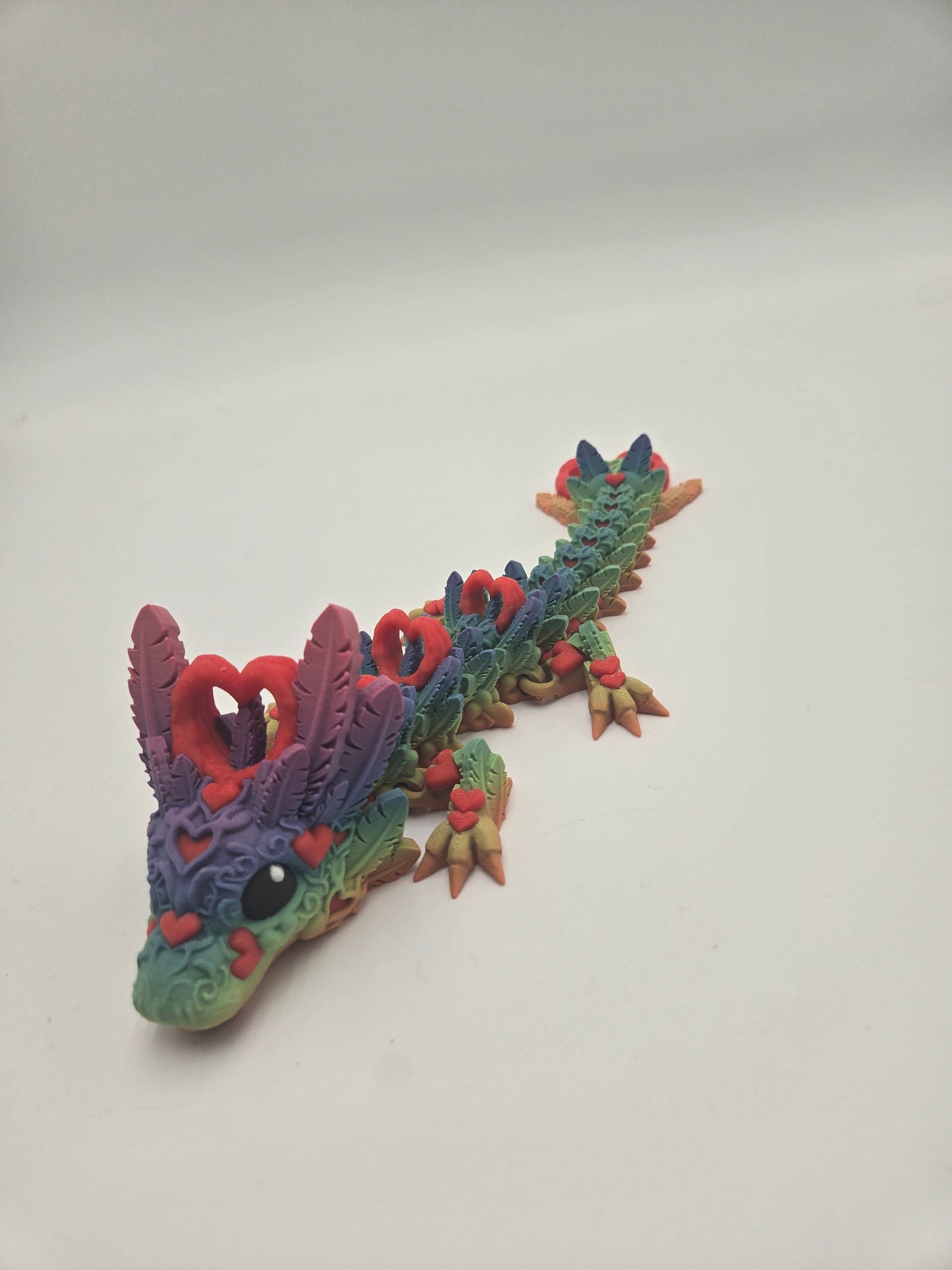 Rainbow Heart Dragon Gift, Articulating Fidget Toy, over 12" long