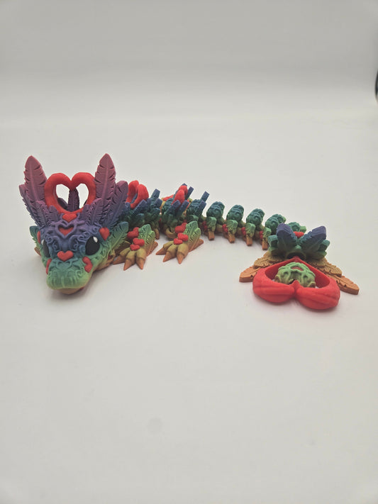 Rainbow Heart Dragon Gift, Articulating Fidget Toy, over 12" long